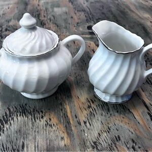 Vintage White Ceramic Fluted Sugar and Creamer Set with Silver Trim